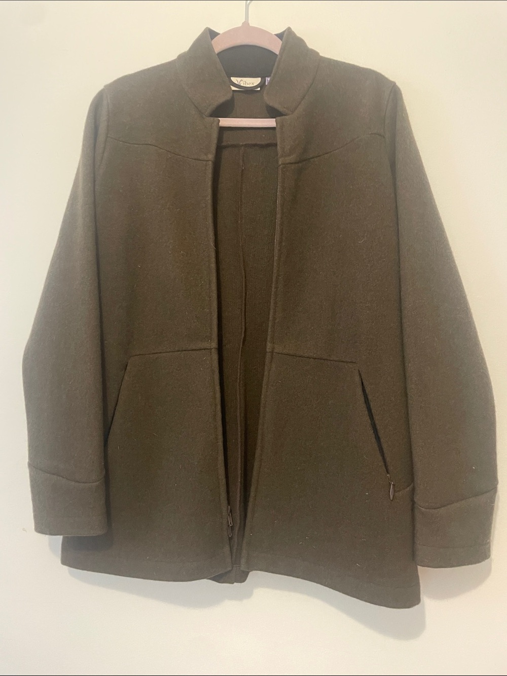 ibex Brown/Olive Green 100% wool coat with Stand Collar